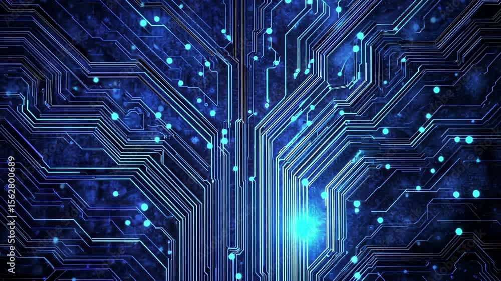 Poster high-tech tree design composed of blue circuit board patterns and glowing connections, blue circuit 