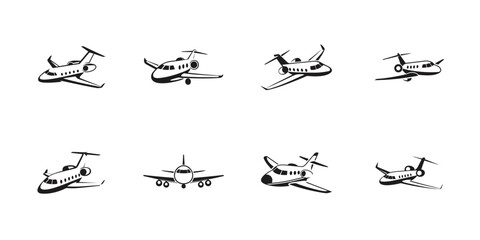 Black vector silhouette icons of private jets, aircraft and airplanes set, aviation and flight design symbols, luxury business air transport collection

