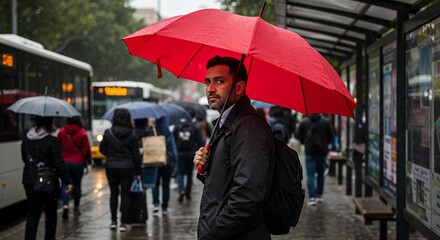 Man with red umbrella waits at a bus stop on a rainy day, surrounded by commuters.