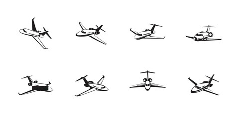 Private airplane black silhouette icons set, aviation symbol collection, flying jet vector graphics, business aircraft illustrations, minimal design

