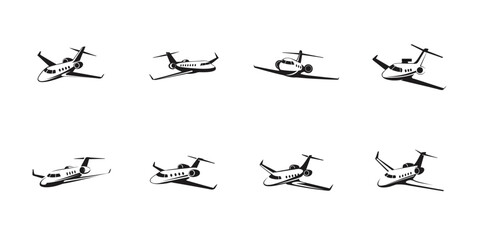 Black silhouette private jet vector icon collection, minimalist business aircraft set, corporate airplane illustrations, aviation elements for design use

