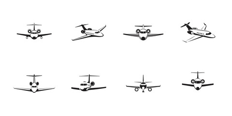 Set of private jet silhouette vector icons, luxury aircraft collection, flying business planes, aviation elements in black, minimal flight icon pack

