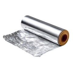 Unrolled roll of shiny silver aluminum foil isolated on transparent background