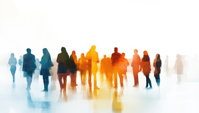 A crowd of people, softly colored, in a hazy space