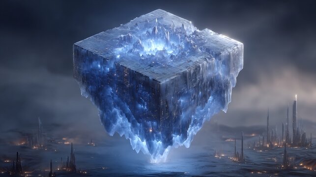 Crystalline Cube Over Futuristic Cityscape