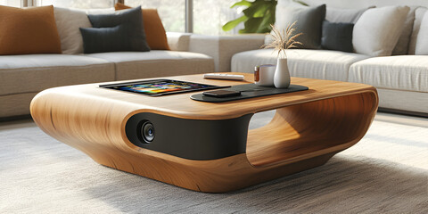 Modern Coffee Table with Built-In Technology, Stylish Coffee Table with Touchscreen, Smart Coffee Table with Tech Features in Living Room

