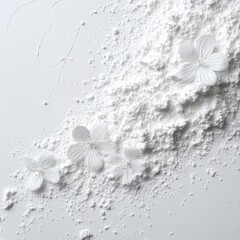 Delicate white blossoms arranged on a bed of fine, powdery substance, creating a minimalist, elegant composition against a light gray background