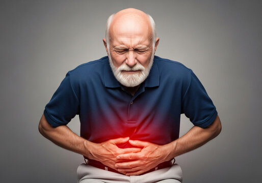 Senior man with gastrointestinal disease and stomach pain
