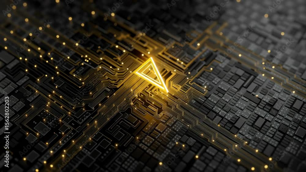 Aufkleber ai and technology innovation concept, glowing triangle on a circuit board with soft bokeh lights.