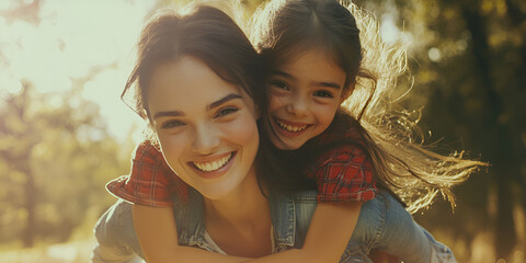 Mother and Daughter Smiling Together Outdoors, Happy Mother Giving Piggyback Ride to Daughter, Family Fun in Nature

