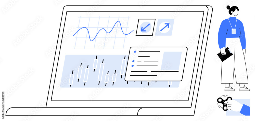 Poster laptop displaying charts, analytics, and graphs with standing professional holding documents and int