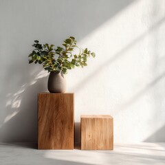 Minimalist scene two wooden blocks, a grey vase with greenery, bathed in sunlight against a white wall