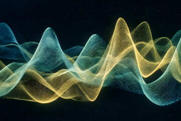 
An experimental 1970s photograph depicting blue and yellow, green waves in space.

