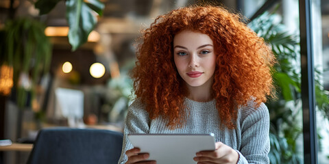 Young Woman Using Tablet at Home, Casual Woman with Red Curly Hair Looking at Tablet, Girl Using Technology at Home

