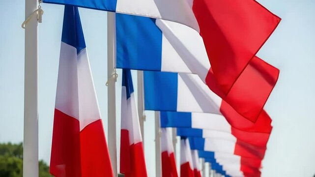 French tricolor flags waving on bastille day national celebration