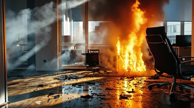 Office fire outbreak quickly contained by sprinkler system in modern workspace, Fire Starts In Office And Sprinkler Extinguishes It