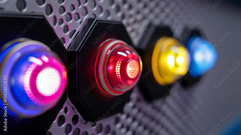 Poster colorful illuminated buttons on a control panel.