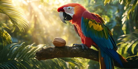 Colorful Parrot on Tree Branch in Tropical Jungle, Parrot Sitting on Branch in Forest, Vibrant Macaw Parrot in Tropical Greenery


