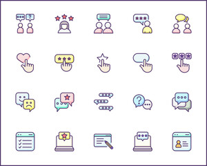Review And feedback Icon Set. Vector collection of customer, rating, star rating, chat, testimonials, survey, support, communication, sign and element symbols or logo element.