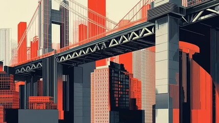 Abstract view of a modern bridge in a cityscape with red tones and geometric shapes in the background - Powered by Adobe