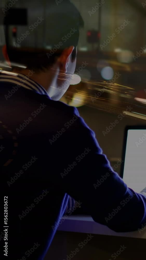 Poster animation of asian businessman using computer over data processing and cityscape