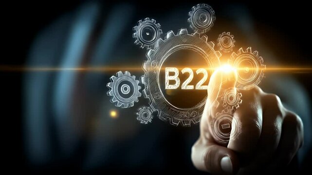 Hand Touching Holographic B22 Gears Against a Dark Background Concept of Business to Business Marketing Strategy and Technological Innovation