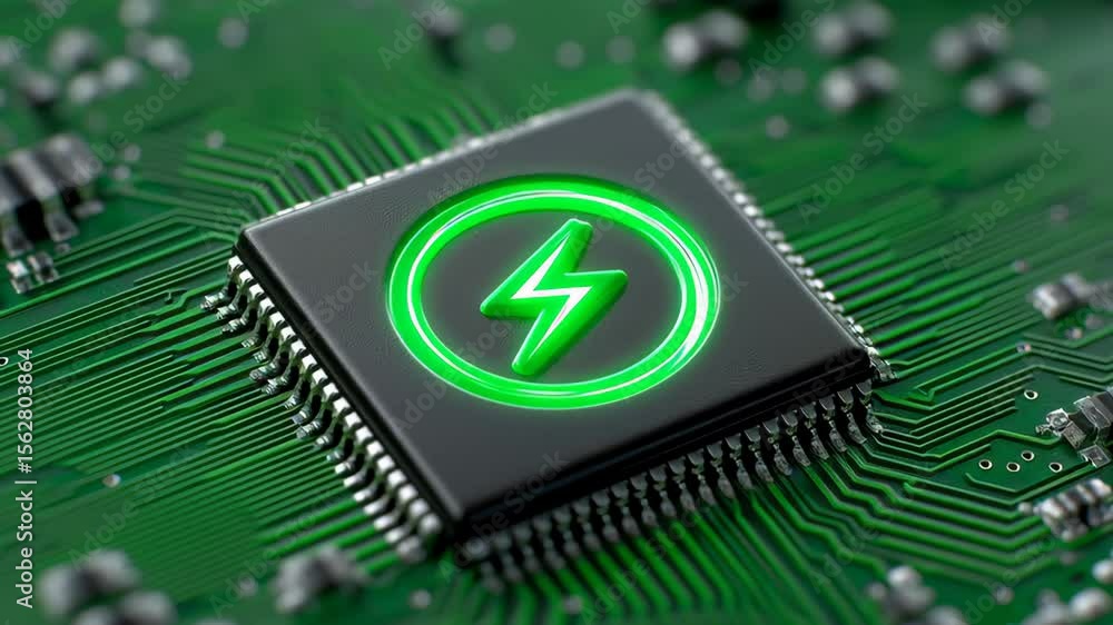 Poster ai and technology innovation concept, microchip with a lightning bolt symbol on a circuit board.