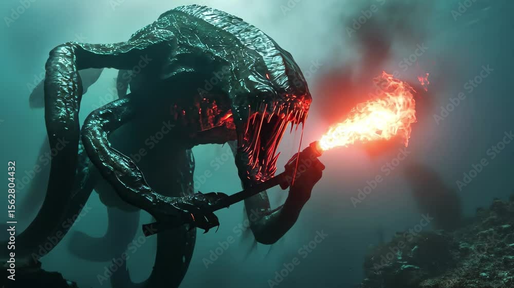 Poster mysterious creature illuminated by torchlight in foggy forest environment, torch lights up alien cre