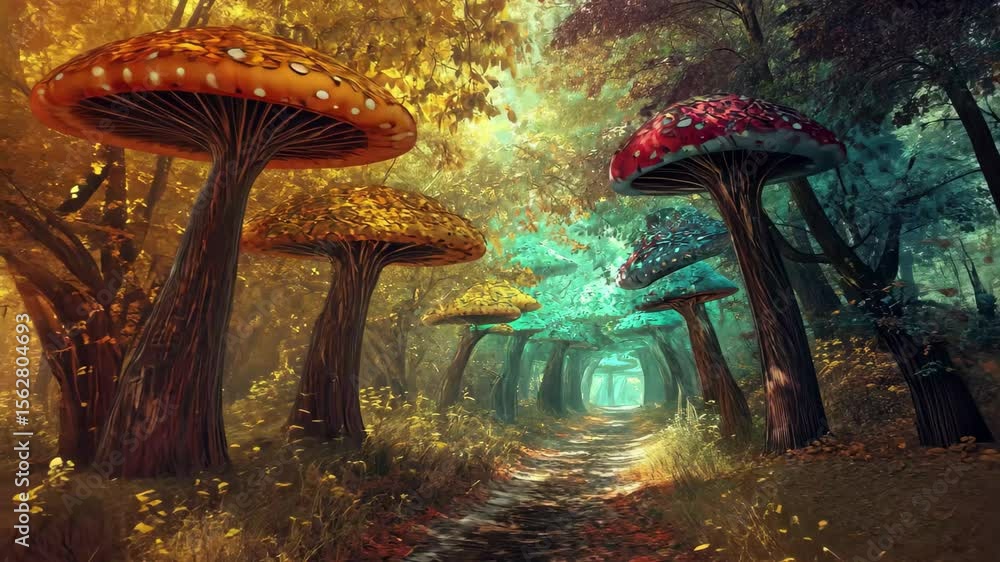 Poster explore the enchanting path beneath the vibrant mushroom forest canopy at twilight, path under magic
