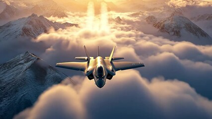 Supersonic fighter jet performing high speed pass over mountainous terrain during sunset, Supersonic F 35 Fighter Jet High Speed Pass with Vapor Cone to Vertical Climb TRACK - Powered by Adobe
