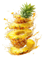 Pineapple Tornado of Floating Whole and Sliced Pineapples in Dynamic Motion on Transparent Background

