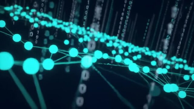 Abstract network with blue nodes and lines and falling binary code on a dark blue background