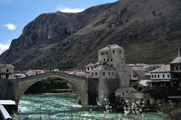 View of Mostrar bridge. Historical tourist destination of Bosnia and Herzegovina. Restored monster...
