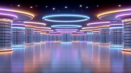 Futuristic Data Center: Neon Glow in Server Hall