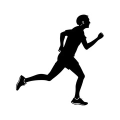Silhouette of a man running with earbuds and wearing athletic shorts and shoes on a white background