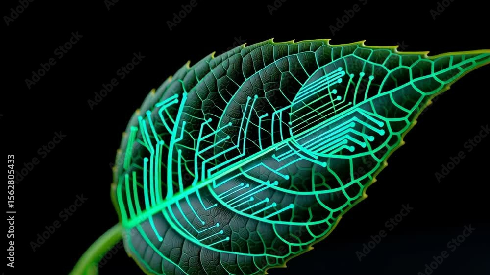 Poster biotechnology concept, futuristic leaf design with glowing circuit patterns on a dark background.