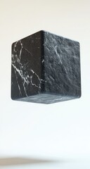 A dark, cubic stone object, seemingly floating.  Detailed veining and texture suggest marble.  Simple, clean background