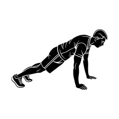 Athletic man performing a push up exercise in a black and white silhouette style on a white background