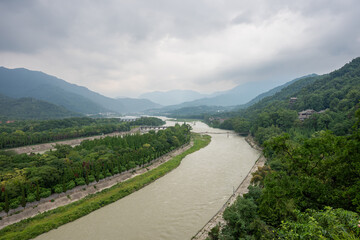 River winding through lush greenery in DuJiangYan, Sichuan provi