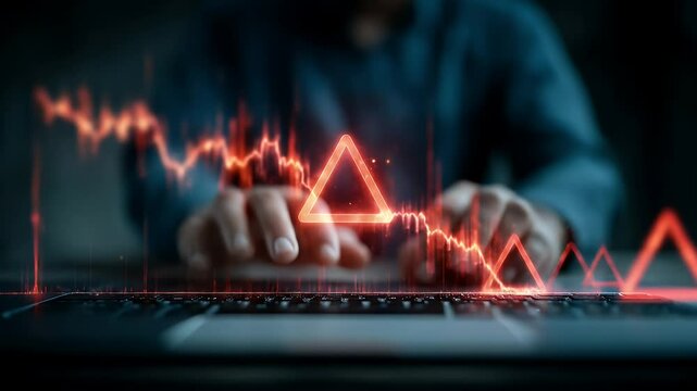 Hands on Laptop with Glowing Red Financial Downturn Graph Representing Economic Loss Failure and Business Crisis on Dark Background