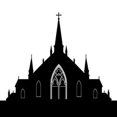 Fototapeta premium Silhouette of gothic church building with steeples and cross 