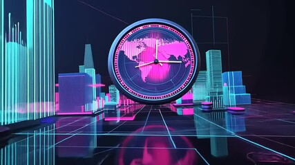 Futuristic digital clock showing global time with vibrant data visualization in a tech-themed background - Powered by Adobe