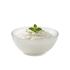 Creamy white dip garnished with mint in a bowl, showcasing a delectable appetizer against a transparent background.