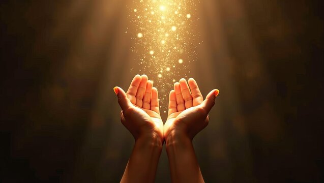 Hope and spiritual light shining down on open human hands with glowing golden particles against dark background