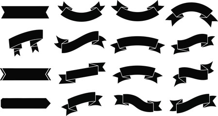 Illustration of sixteen black ribbon banner shapes on a white background