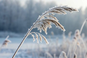 Obraz premium Single Frosty Reed on White Background