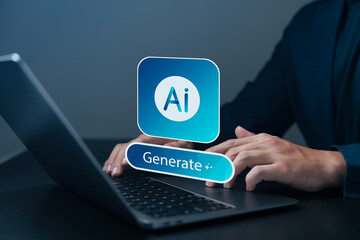 AI generate concept showing businessman typing on laptop with artificial intelligence app interface, digital technology, automation, smart software, and innovative business solution.