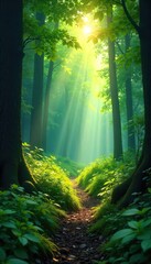 Obraz premium Sunlit Forest Floor Ethereal Green Canopy Dappling Light and Shadow, Creating a Magical Woodland Atmosphere, Perfect for Nature and Environmental Projects