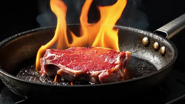 Cooking steak in a frying pan with flames in a kitchen during evening preparations, Burning meat in a pan