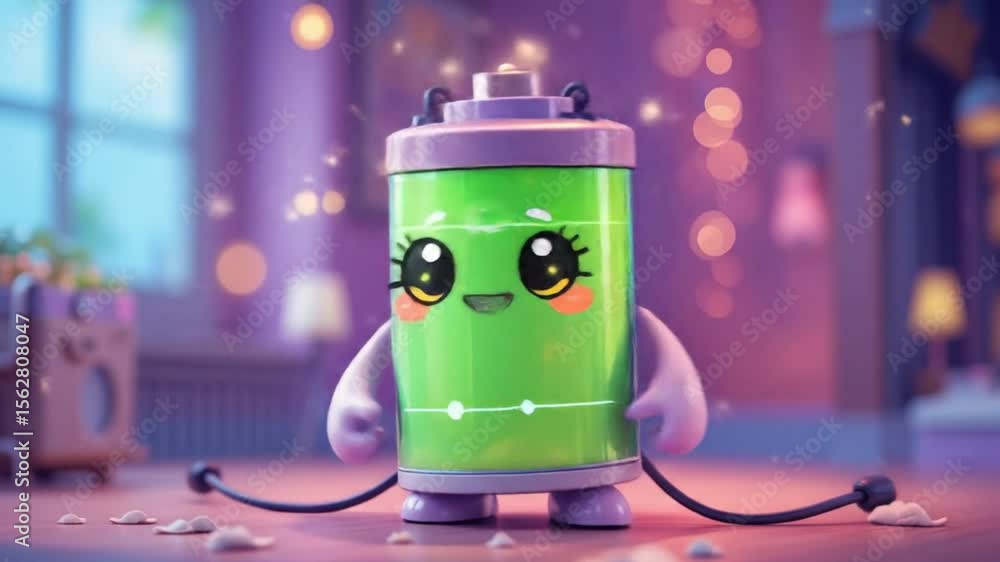 Poster cute animated battery character displaying various poses and expressions in a cozy room setting